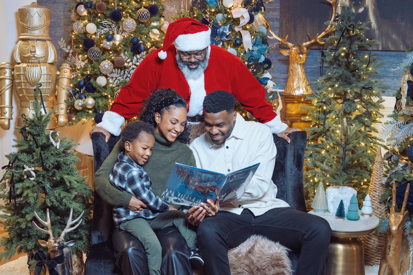 Two children posing with Santa at PVME Family Christmas Pictures, Richmond VA